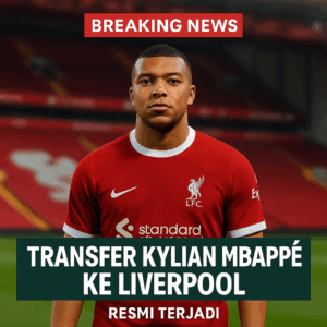 Kylian Mbappé resmi bergabung dengan Liverpool, mengenakan jersey merah di Stadion Anfield.