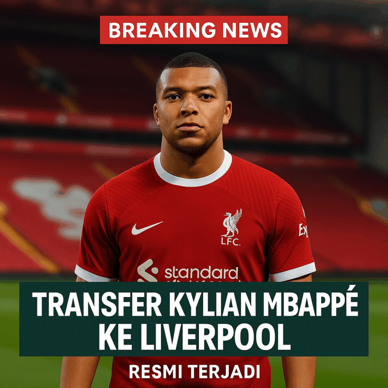 Kylian Mbappé resmi bergabung dengan Liverpool, mengenakan jersey merah di Stadion Anfield.
