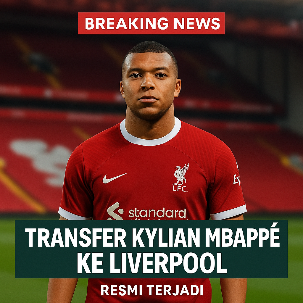 Kylian Mbappé resmi bergabung dengan Liverpool, mengenakan jersey merah di Stadion Anfield.