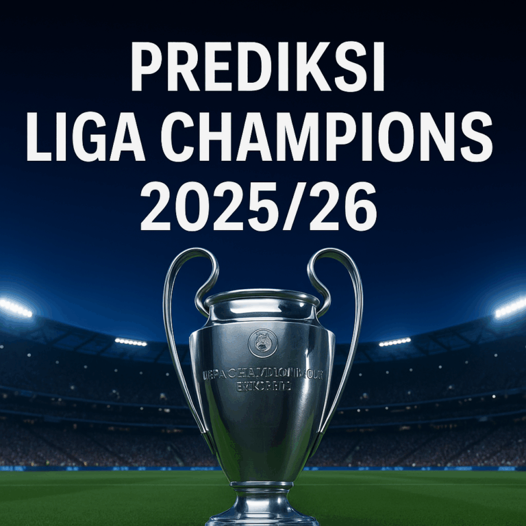 Trofi Liga Champions UEFA bercahaya di tengah stadion malam penuh penonton dengan teks promosi “Prediksi Liga Champions 2025/26: Klub Unggulan & Kejutan Baru”