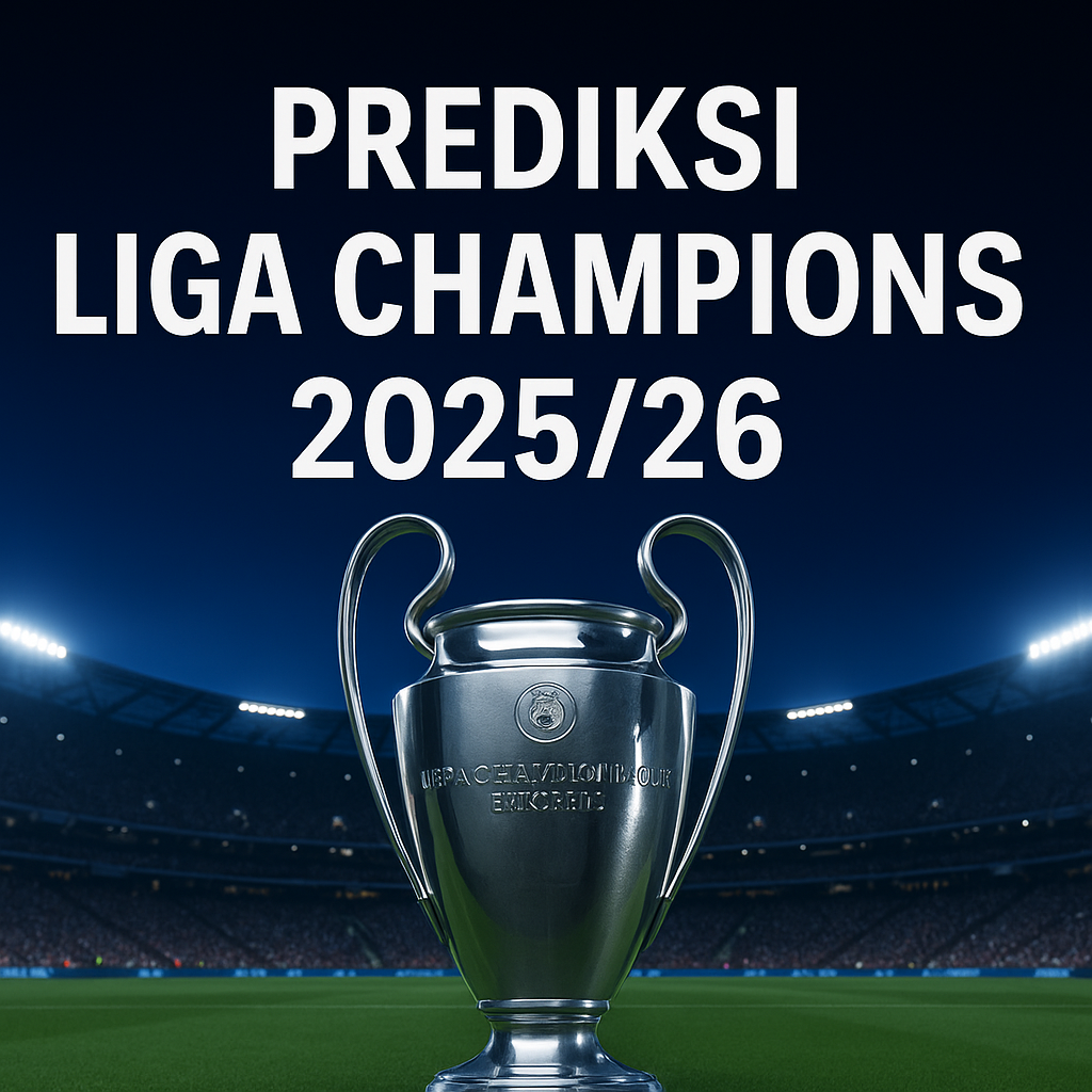 Trofi Liga Champions UEFA bercahaya di tengah stadion malam penuh penonton dengan teks promosi “Prediksi Liga Champions 2025/26: Klub Unggulan & Kejutan Baru”