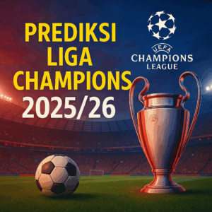 Prediksi Liga Champions 2025/26 dengan trofi UEFA dan bola sepak di latar biru