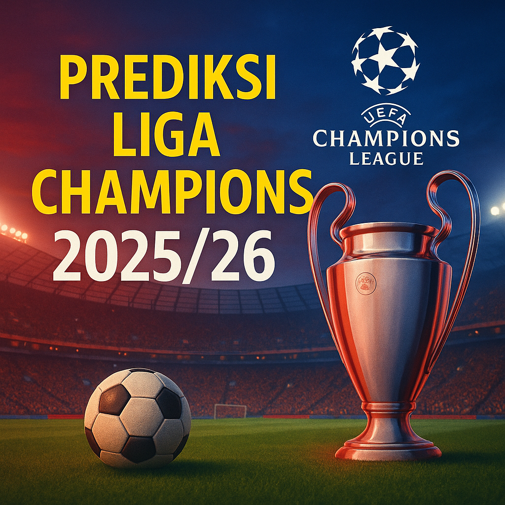 Prediksi Liga Champions 2025/26 dengan trofi UEFA dan bola sepak di latar biru
