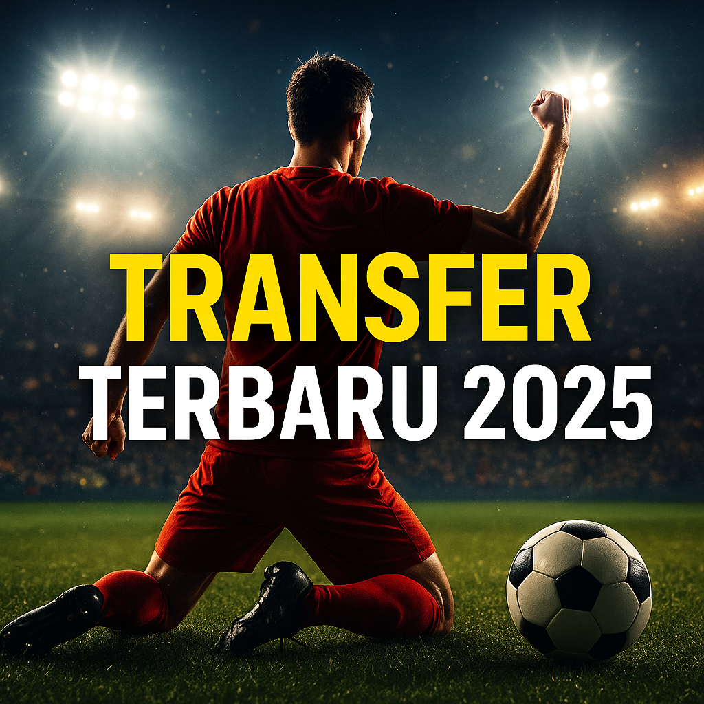 Pemain sepak bola dengan jersey merah merayakan gol di stadion malam, bola di depan, dengan teks besar Transfer Terbaru 2025