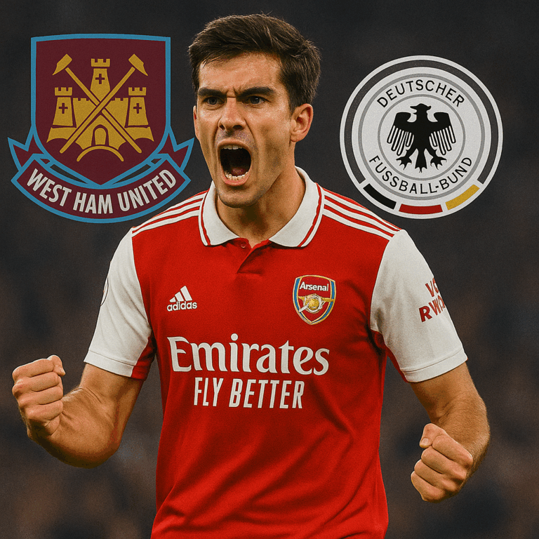 Martin Zubimendi melakukan selebrasi gol bersama Arsenal dengan jersey merah-putih di Emirates Stadium, latar belakang menampilkan logo West Ham United dan timnas Jerman.