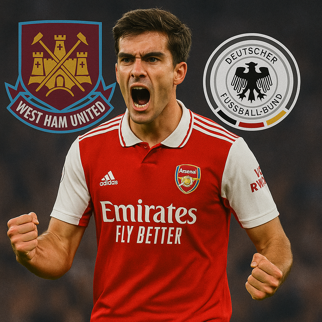 Martin Zubimendi melakukan selebrasi gol bersama Arsenal dengan jersey merah-putih di Emirates Stadium, latar belakang menampilkan logo West Ham United dan timnas Jerman.