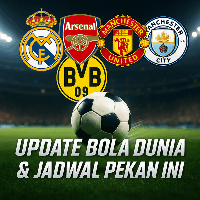 Update Bola Dunia & Jadwal Pekan Ini dengan kolase logo Real Madrid, Arsenal, Manchester United, Dortmund, dan Manchester City di stadion malam