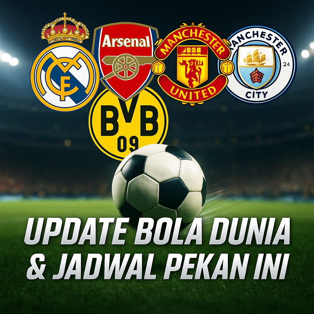 Update Bola Dunia & Jadwal Pekan Ini dengan kolase logo Real Madrid, Arsenal, Manchester United, Dortmund, dan Manchester City di stadion malam