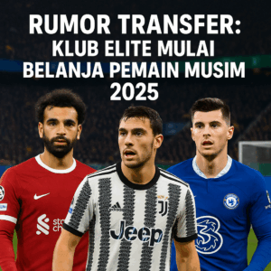 Kolase pemain sepak bola fiktif dengan latar stadion, menggambarkan berita rumor transfer klub elite menjelang musim 2025.