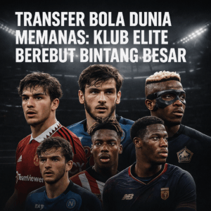 Kolase pemain bintang Eropa dalam suasana stadion gelap dengan judul Transfer Bola Dunia Memanas: Klub Elite Berebut Bintang Besar.
