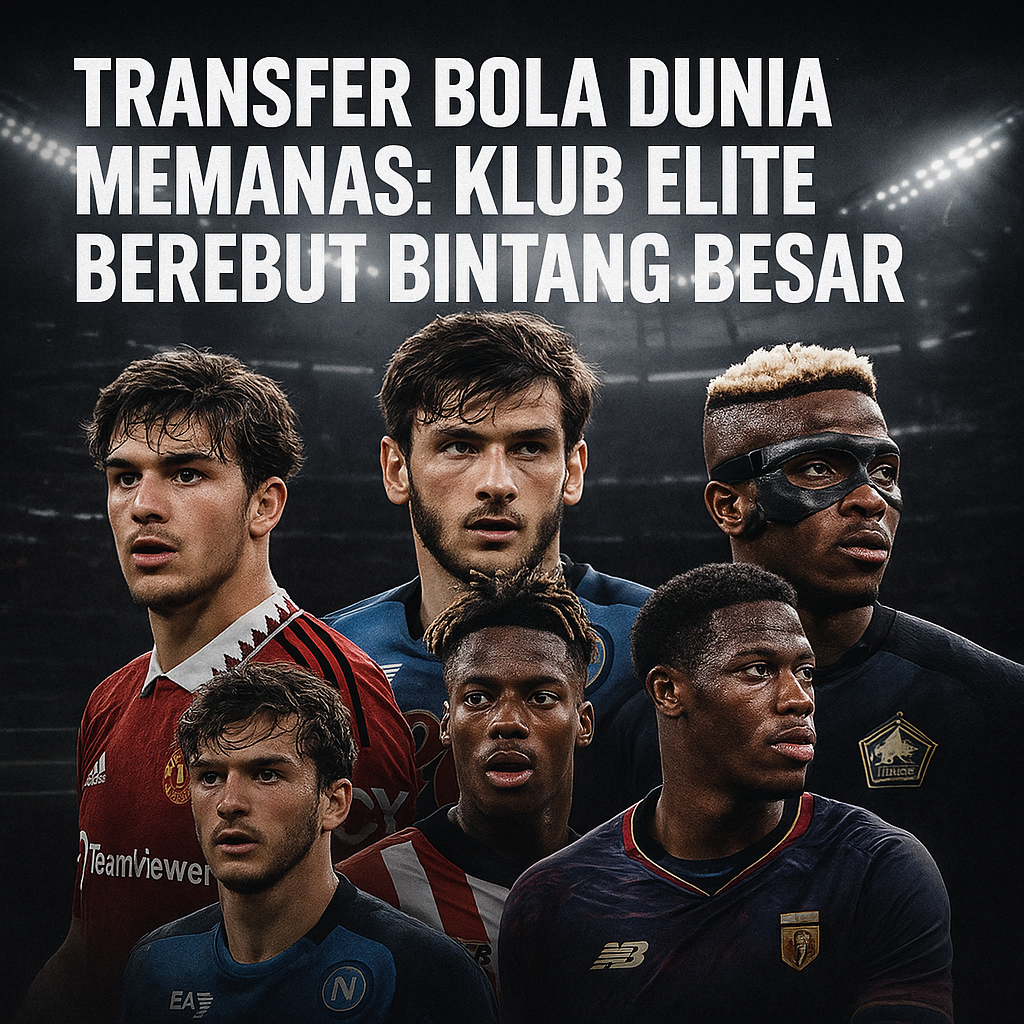 Kolase pemain bintang Eropa dalam suasana stadion gelap dengan judul Transfer Bola Dunia Memanas: Klub Elite Berebut Bintang Besar.