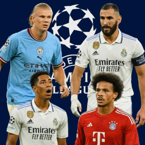 Kolase pemain top Liga Champions 2025 di depan logo resmi UEFA, suasana stadion malam dengan nuansa biru-putih megah.