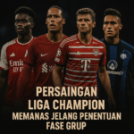 Kolase pemain Arsenal, Liverpool, Bayern Munich, dan Inter Milan dengan gaya poster gelap bertema persaingan Liga Champion.
