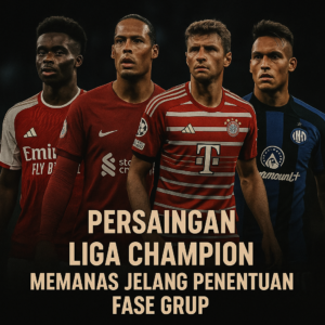 Kolase pemain Arsenal, Liverpool, Bayern Munich, dan Inter Milan dengan gaya poster gelap bertema persaingan Liga Champion.