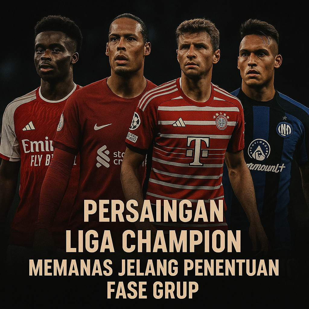 Kolase pemain Arsenal, Liverpool, Bayern Munich, dan Inter Milan dengan gaya poster gelap bertema persaingan Liga Champion.